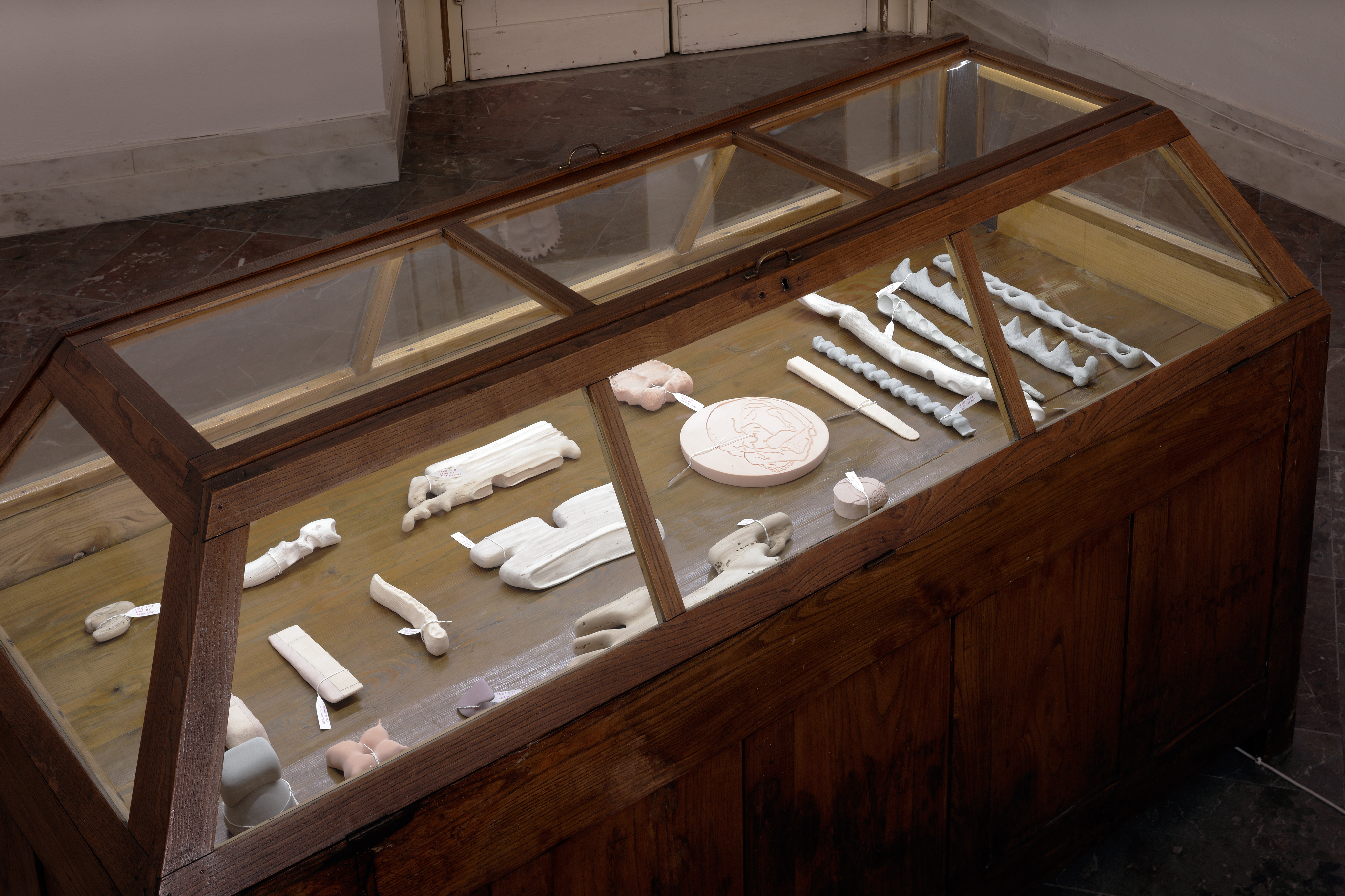 Photo of an art installation called Hands (and Other Products of Labor) 2.0 by Klára Čermáková (Mikulov Art Symposium, Mikulov, Czechia, 2021) [Detail no. 2]. A detailed look at the art objects in one of the “coffins.”