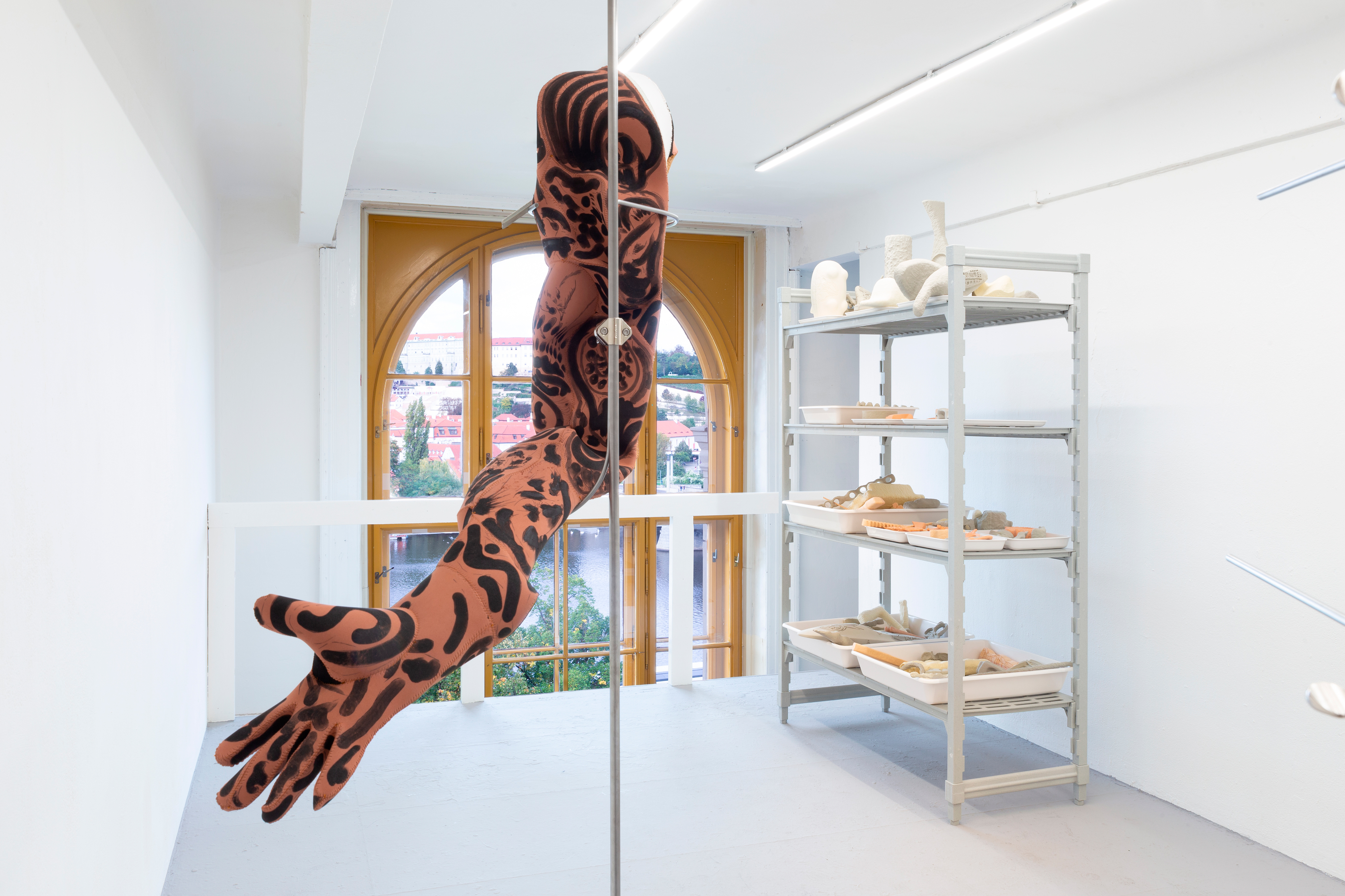 Photo of an art installation called Hands (and Other Products of Labor) by Klára Čermáková (Diploma Projects 2020, UMPRUM — Academy of Arts, Architecture & Design in Prague, Czechia) [view on second half]. Behind the detail of one of the sculptures (an arm) on a metal base, you can see a large laboratory shelf on which a vast amount of smaller objects depicting different parts of the human body, bones, objects of daily use, or their free fusion.