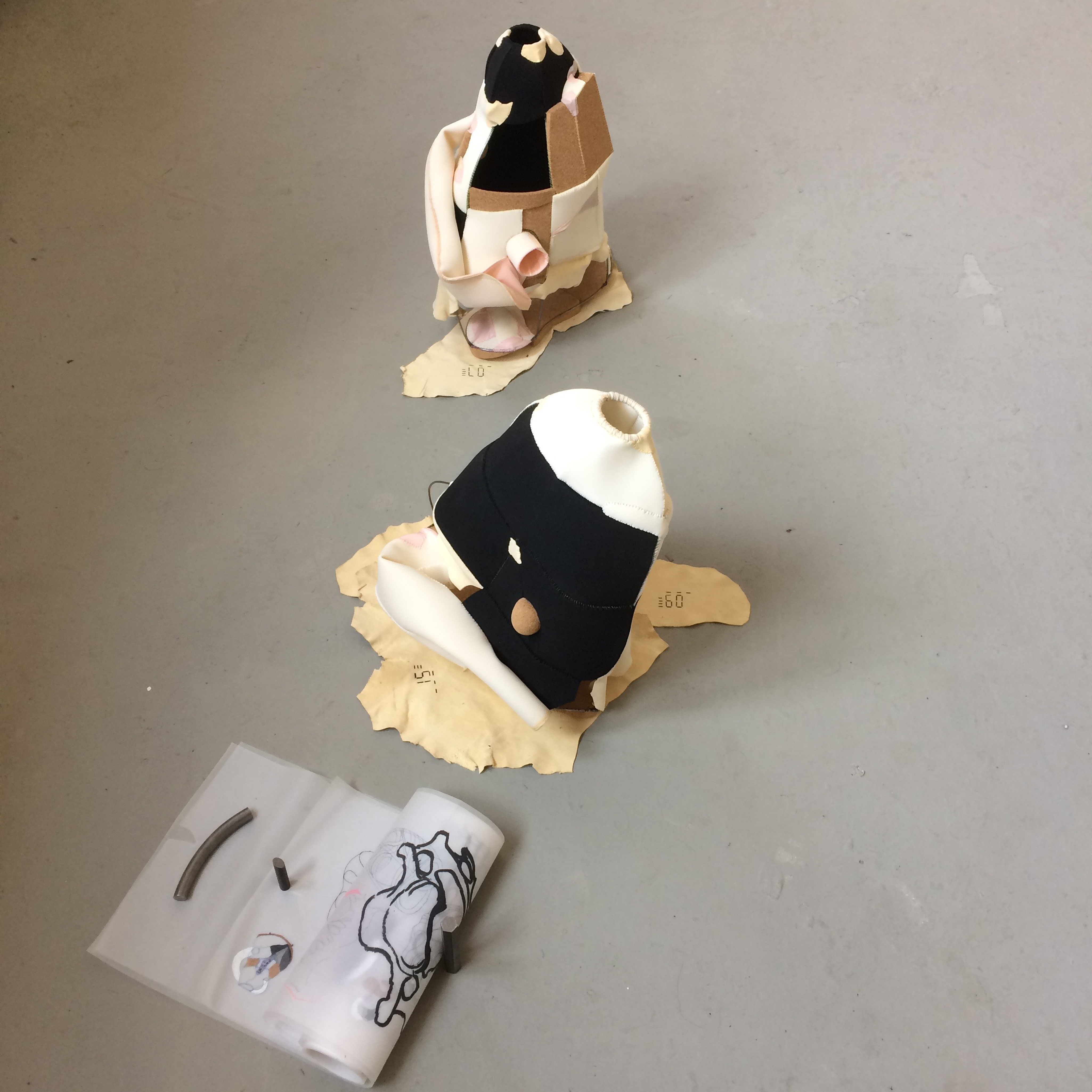 Photo of art objects called Lungs by Klára Čermáková (Residence in Budapest Gallery, Budapest, Hungary) [top view]. Two sculptures/lungs sit on naturally shaped leather pieces on the floor.
